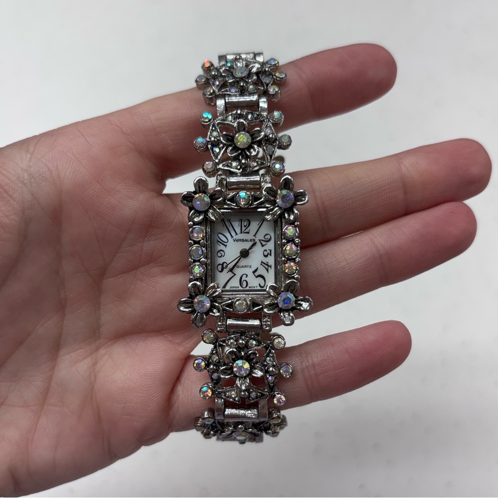 Versales Quartz Silver-Tone Watch with Multicolor Rhinestone Floral Design